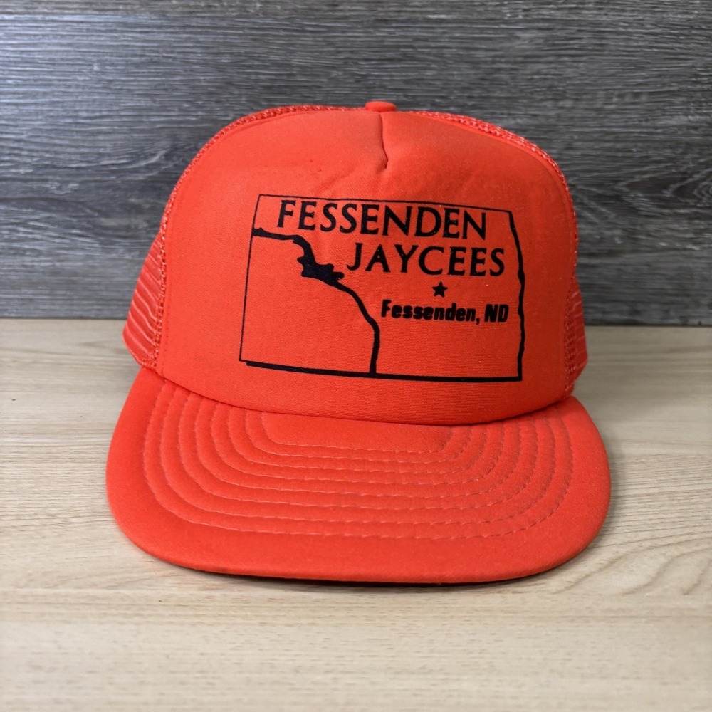 Vintage Fessenden Jaycees Hat Cap Snap Back Orange Mesh Trucker ND Mens 80s